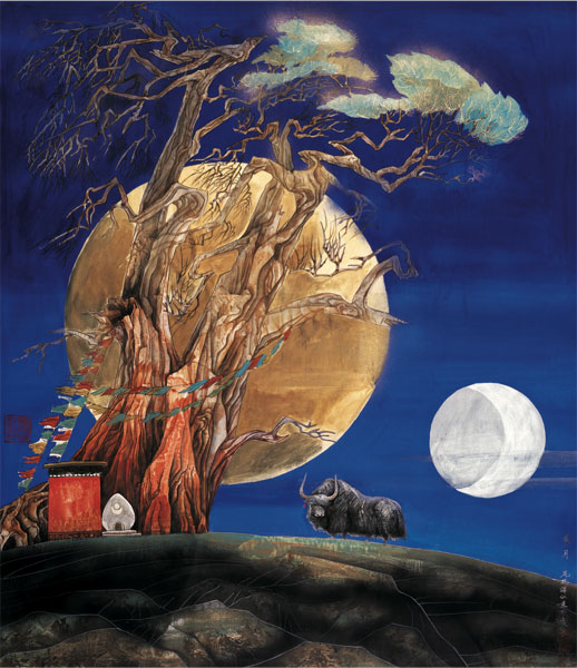 Nyima Tsering incorporates traditional Tibetan cultural elements, such as colors, forms and aesthetic styles, into his art. Tibetan artist nurtures his culture