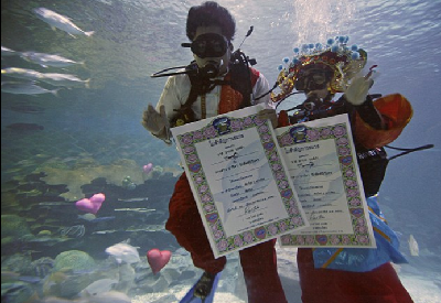 泰國情侶情人節(jié)前婚禮別出心裁 “上天入海”花樣百出