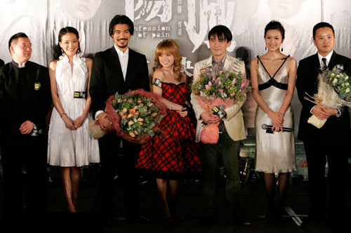 (From L-R) Hong Kong actor Chapman To, actress Shu Qi from Taiwan, actor Takeshi Kaneshiro, Japanese singer Ayumi Hamasaki, Hong Kong actor Tony Leung, Chinese mainland actress Xu Jinglei and director Alan Mak attend the premiere of their movie