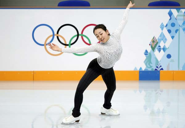 Mao Asada of Japan practises her routine during a figure skating training session at the Iceberg Skating Palace training arena during the 2014 Sochi Winter Olympics, Feb 17, 2014. Japanese favorite Asada to make another try on 3A