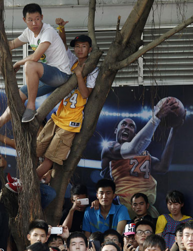Fans sit in a tree outside a sports store as Los Angeles Lakers NBA star Kobe Byrant pays a visit in the southern Chinese city of Shenzhen August 4, 2013. Kobe Byrant meets fans in Shenzhen