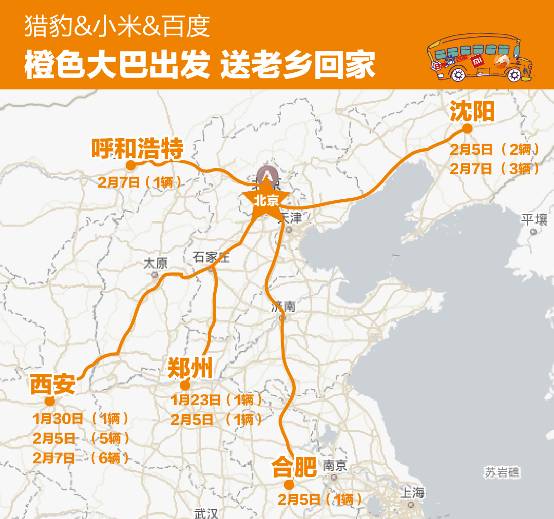 獵豹小米百度橙色大巴第三班發(fā)出 免費送320名老鄉(xiāng)回家