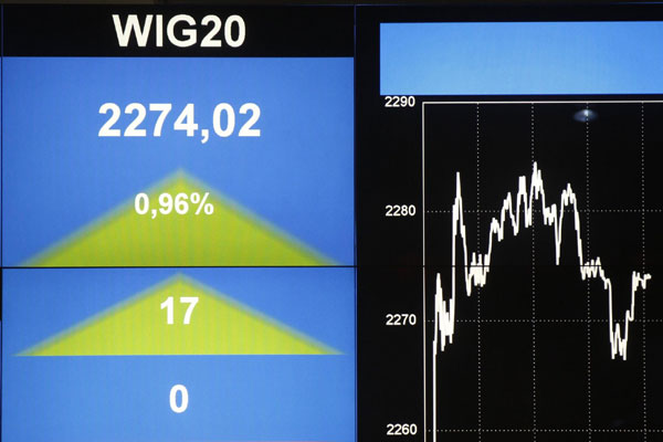 The index screen is seen at the Warsaw Stock Exchange August 22, 2011. World stocks steady above 11-month lows