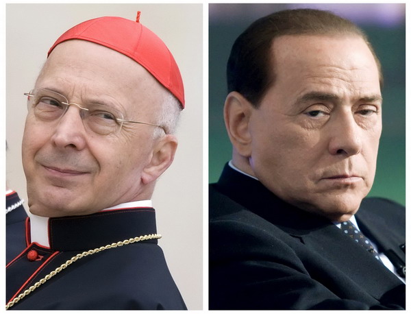 A combination of file photos shows Italian Bishops Conference head Cardinal Angelo Bagnasco (L) at the Vatican April 1, 2009 and Italy's Prime Minister Silvio Berlusconi in Rome May 5, 2009. Italy govt shell-shocked by bishop's attack
