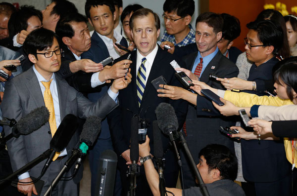 Glyn Davies, US special representative for policy on the Democratic People’s Republic of Korea, answers reporters’ questions after his talks with the Republic of Korea’s chief delegate to the Six-Party Talks at the ROK Foreign Ministry in Seoul on Tuesday. Lee Jae-Won / Reuters US turns to diplomacy with DPRK